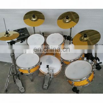 digital drum kit with dual kick pedal, Ride double touch off ended sound electric drum set, electronic drum in golden color