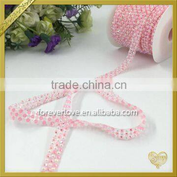 Hot Fix Pink Resin Beaded Fabric Ribbon Trim Rhinestones Mesh Trimming for Garment FHRS-040 photo-2
