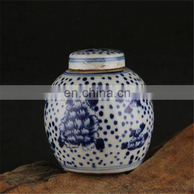 Antique chinese blue and white ceramic hand painted tea caddy