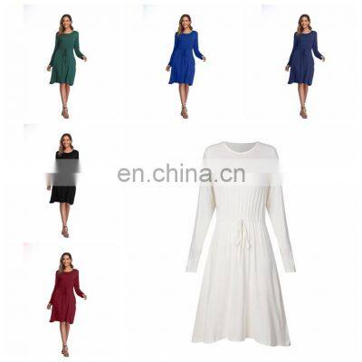 Manufacturers wholesale Dress Drawstring waist solid color pocket long-sleeved dress