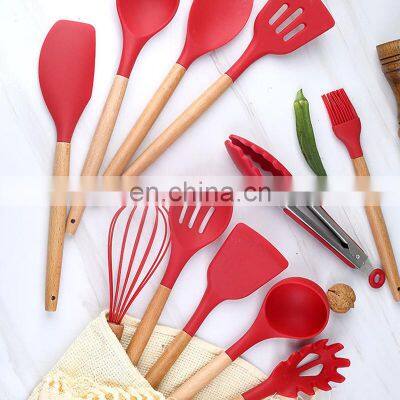 Multicolor BPA Free Non Toxic Wooden Handle Turner Tongs Spatula Cooking Silicone Kitchen Utensils photo-4