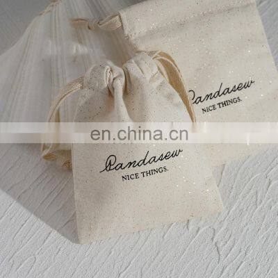 PandaSew Custom Logo Bling Bling Muslin Drawstring Bag Luxury Gift Beige Cotton Packaging Jewelry Pouch