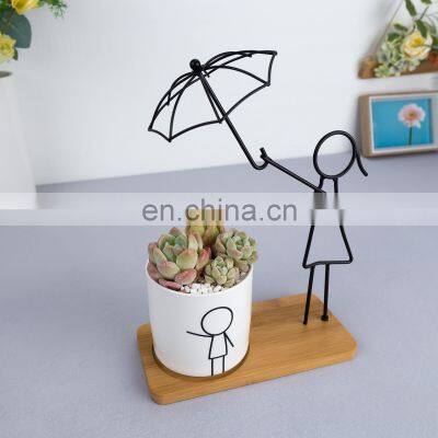 Modern Decorative Flower White Ceramic Pot Metal With Bamboo Tray Cute Frame For Home Decor