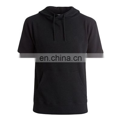 Wholesale Plain Black short sleeve custom made hoodie for men French terry hooded sweatshirt top quality men blank cotton