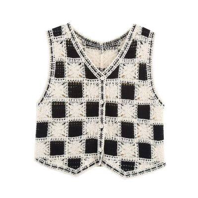 Hong Kong Style Versatile Top Vest, Spring New Korean Checkerboard Style Spicy Girl Vest, Knitted Cardigan, Women's Hollowed Out Contrasting Color photo-2