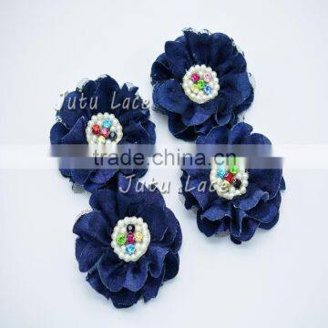 4pcs denim lace colorful rhinestone centre flower - wholesale chiffon lace flower - crystal rose flower