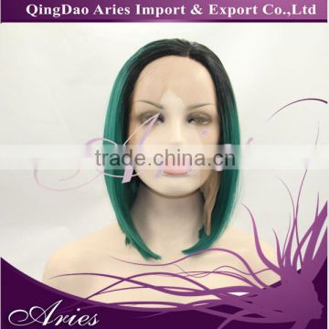 Sexy Ombre Black And Green Short Bob Straight Synthetic Lace Front Wig Customized cap