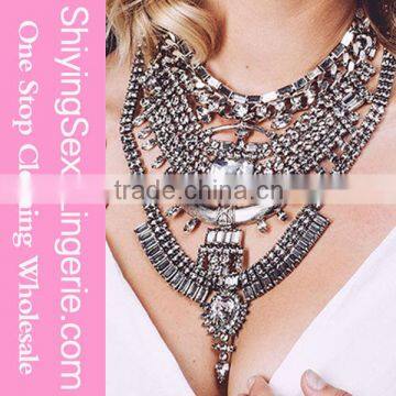 2015 Fashion Silver Crescent Moon Multilayer Crystal Bib pendant Necklace