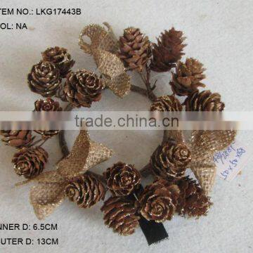 Natural color handemade artificial candle ring burlap with real pinecone