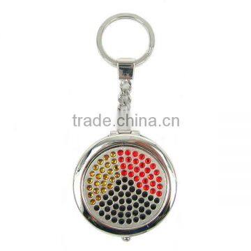 Metal round compact mirror Keychain, Studded with Three Different Colors Stones, Made of Alloy