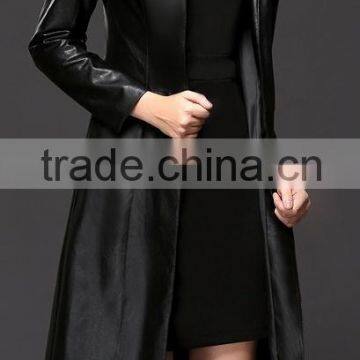 Black wind-proof long leather trench coats for women