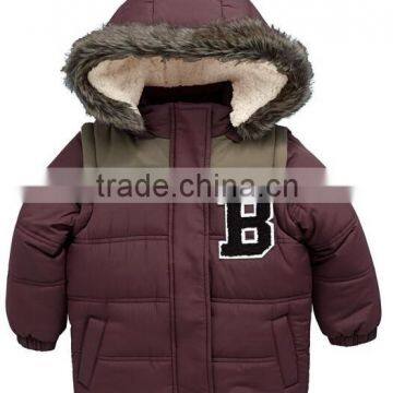 casual hooded boys padding jacket for winter with faux fur