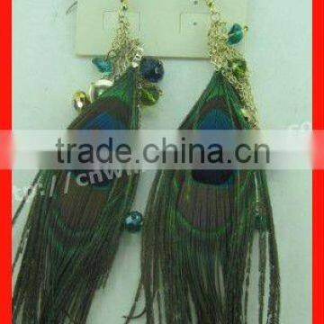 Long Fashion natural peacock feather earring With Beads