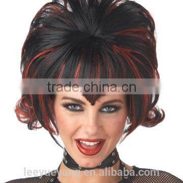 High temperature synthetic black and red halloween costume wig