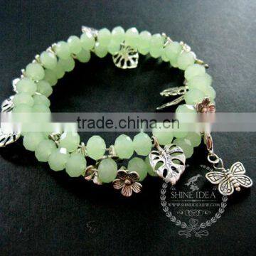 vintage antiqued silver flower leaf butterfly ice green glass beads 2 layers fashion wiring bangle bracelet jewelry 6490050