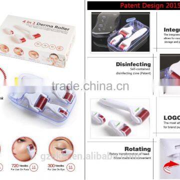 2015 Newest 4 in 1 Derma Roller with Separate Roller Heads of Different Needle Count 300c/720c/1200c for Eye Face and Body Skin