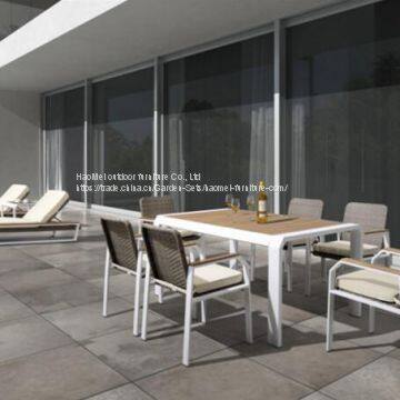 Leisure Dining Table And Chair PE Rattan Wicker Powder Coating Aluminum Frame Teak Wood Outdoor