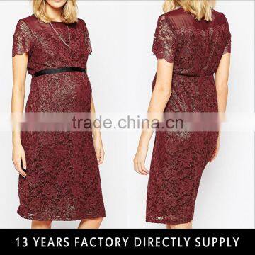 Fashion burgundy color lace fabric online maternity evening dresses