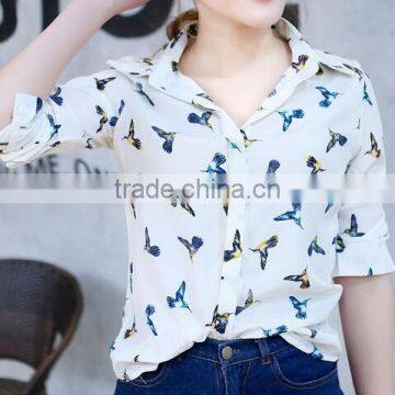 New fashion chiffon floral print shirts long sleeve chiffon blouse tops for woman