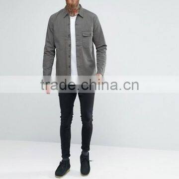 Latest Design Embroidered Logo Long Sleeve Chest Pocket Mens 100% Cotton Soft Broadcloth Casual Dark Grey Solid Shirts photo-4