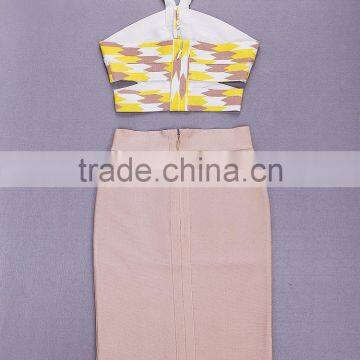 Halter Patchwork 2 Piece Set Knee Length Jacquard High Quality Rayon 2015 New Fashion Bodycon HL Night Wear Slim Bandage Dress photo-2