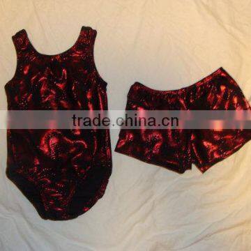 Clearance Gymnastics leotards dance and short set in limited sizes - Red holographic semi circles on black backround