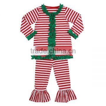 Wholesale ruffle cotton stripe girls red Christmas outfits toddler infants children winter wear boutique clothes