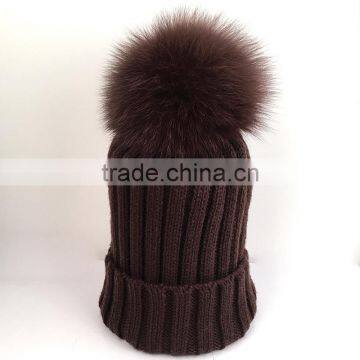 Myfur Top Quality Men Winter Wool Beanie Hat with Detachable Fox Fur Pom Pom