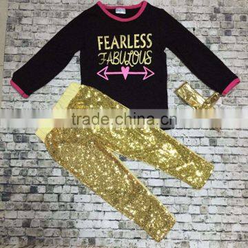 Hot sell toddler girl clothing baby girls clothes "Fearless" suit Girl kids top gold sequin pant girls with headband