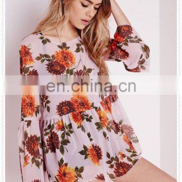 New Style Women Oversized Pink Floral Printed Sexy Chiffon Blouse photo-5