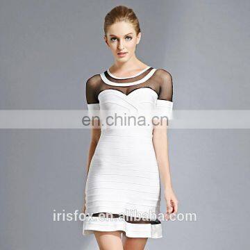 Ivory Short Cocktail Dress Black Mesh Bandage party gowns with sleeves