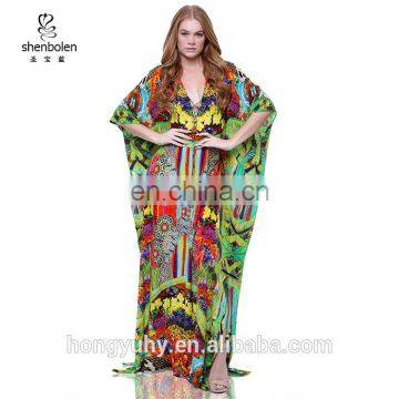 C4082 Wholesale Price Silk Printed Sexy V-neck Long Kaftan Dress