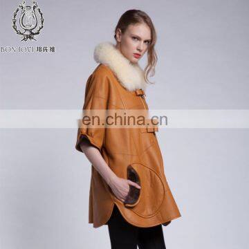 Winter Fur And Leather Overcoat Fox Fur Collar Sheepskin Fur Coat Cream Collar Lamb Fur Jacket photo-3