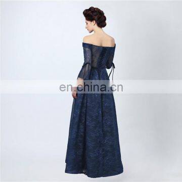 Elegant Deep Blue A-line Lace-up Floor-length Lace Bow Formal Off-The-Shoulder Party Evening Dresses