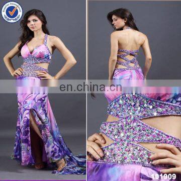 sexy purple print fabric keyhole beaded sexy revealing evening dress