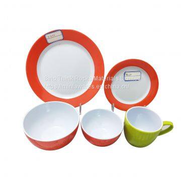 Good sales melamine tableware blue rim white plates soup bowl coffee cup melamine plastic dinner set