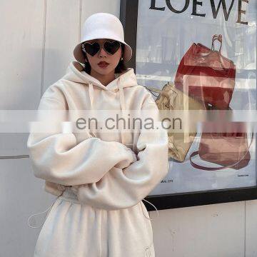 2020 Autumn Winter New Design Warm 2 Two Piece Women Oversize Cropped Top Hoodie and Jogger Pants Sets photo-4