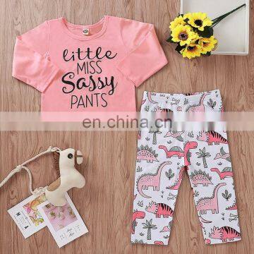 "LITTLE MISS SASSY PANTS" 2pcs/set Kids Baby Clothes Set BABY PINK LETTER TSHIRT & DINOSAUR PRINT PANTS OUTFITS 100% COTTON