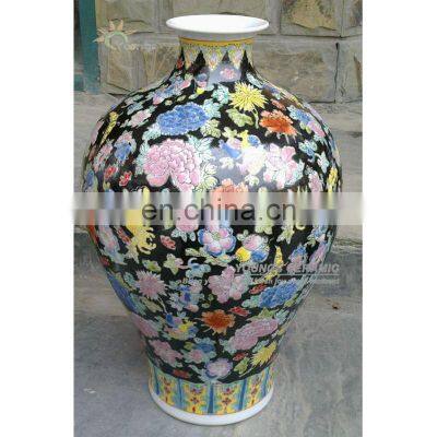 47CM Tall Chinese Porcelain garden scene Black decorative Vases