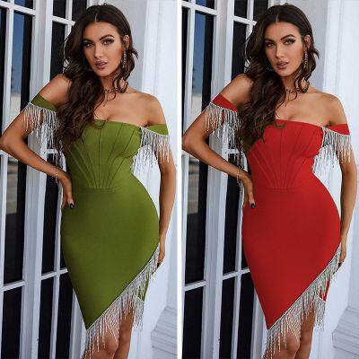 One-line neck wrap breast skirt halter tight skirt club fringed slit dress