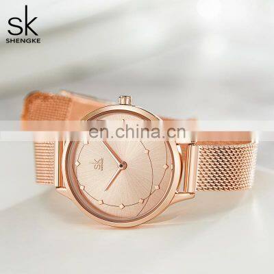 SHENGKE SK 0142 Luxury Women Wristwatch Steel Mesh Rose Gold Waterproof Ladies Watch Japan Quartz Movement 2035