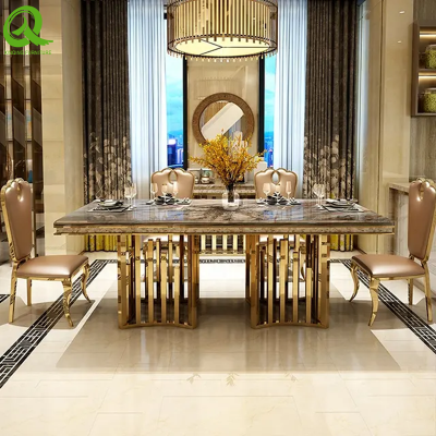 Simple Modern Golden Color Stand With Slate Top Dining Table Luxury Furniture For Hall And Living Room Decoration photo-2