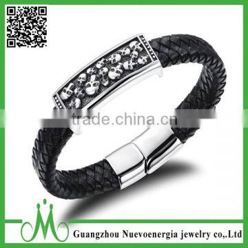 Black Braided Wristband Charming Mens Engraved Cool Skull Wrap Leather Bracelet Stainless Steel Clasp Bangle