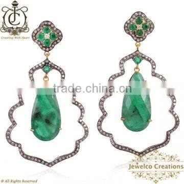 14K Gold Emerald Gemstone Dangle Earrings, 925 Silver Pave Earring, Diamond Pave Earrings, Diamond Gemstone Jewelry Manufacturer