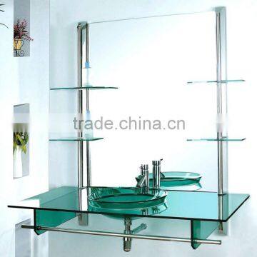 High Quality Tempered Glass Bathroom Wash Sink, Transparent Glass with Stainless Steel Holder