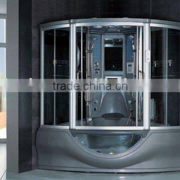 Grey steam shower cabin with spa bathtub for bathroom use