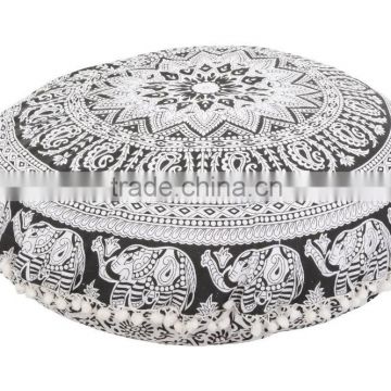 Indian Mandala Suzani Round Floor Pillows Cotton Ethnic Shams Pom Pom Lace Cushions