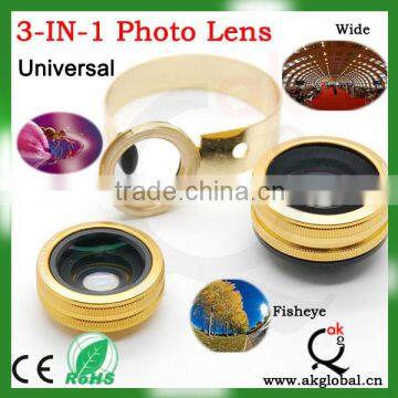 3 in1 Smartphone Lens Kit Gold Cellphone Lens Macro Wide Angel Fisheye Lens for samsung galaxy s6 iphone 6