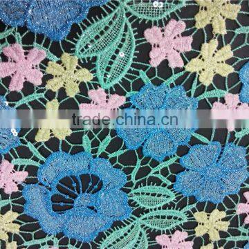 Latest fashion 100% polyester colourful& flower guipure thin style dress embroidery fabric wholesale