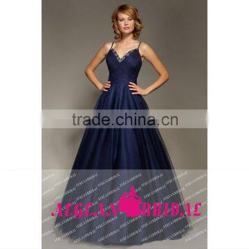 M06 Elegant Spaghetti Straps V Neck Long Tulle Dark Blue Evening Dresses